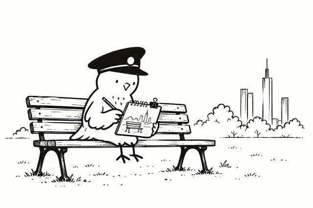Der Lokpfogel sitzt auf einer Parkbank und zeichnet sie in sein Skizzenbuch. Wenige Frankfurter Hochhäuser stehen im Hintergrund.