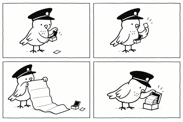 Vier Comicbilder: Der Lokpfogel findet einen kleinen Zettel, beginnt ein großes Formular und verliert den Zettel schließlich unter seiner eigenen Ablage.